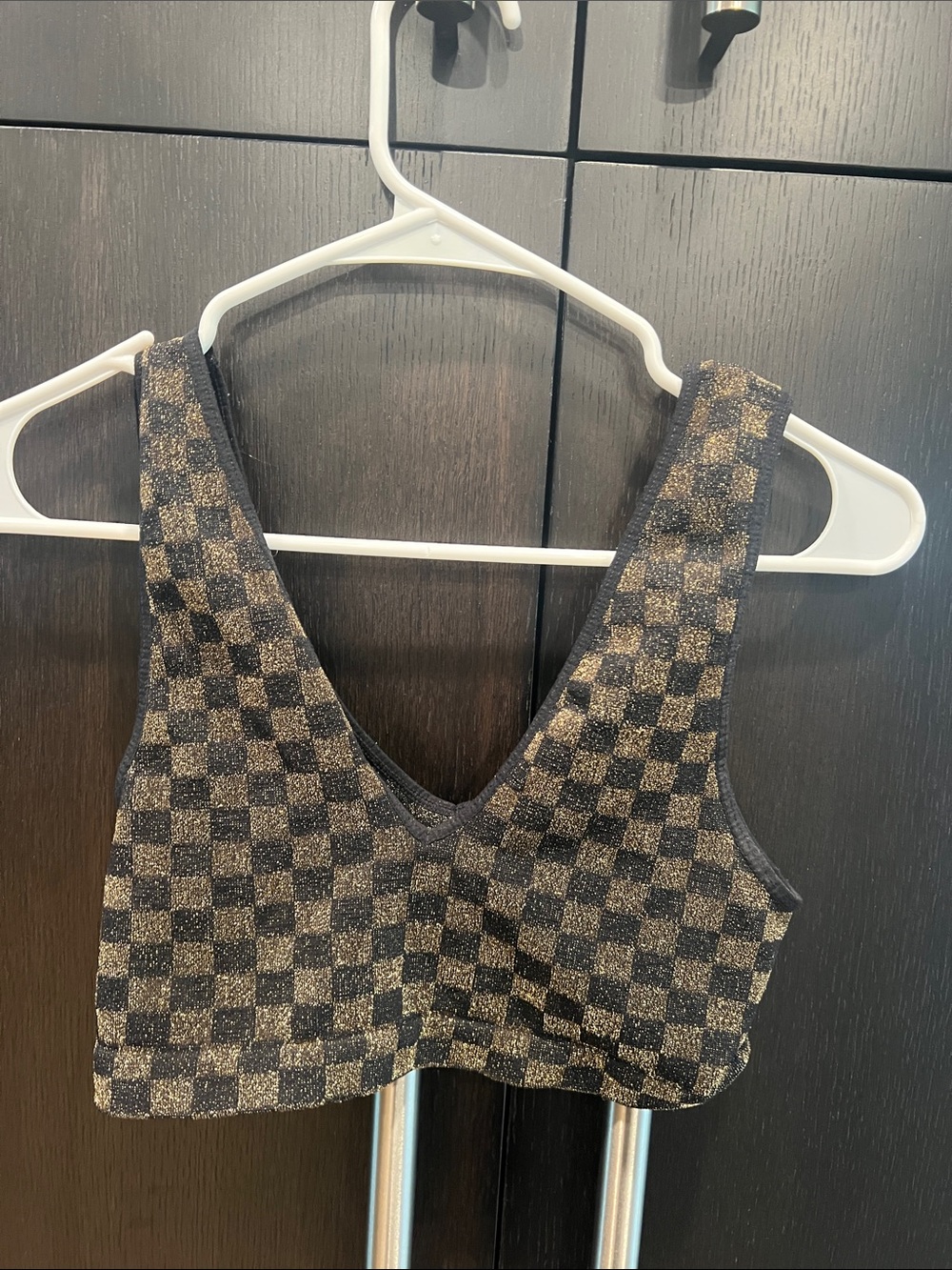Free people Women's Black and Gold Checkered V-Neck Crop Top
